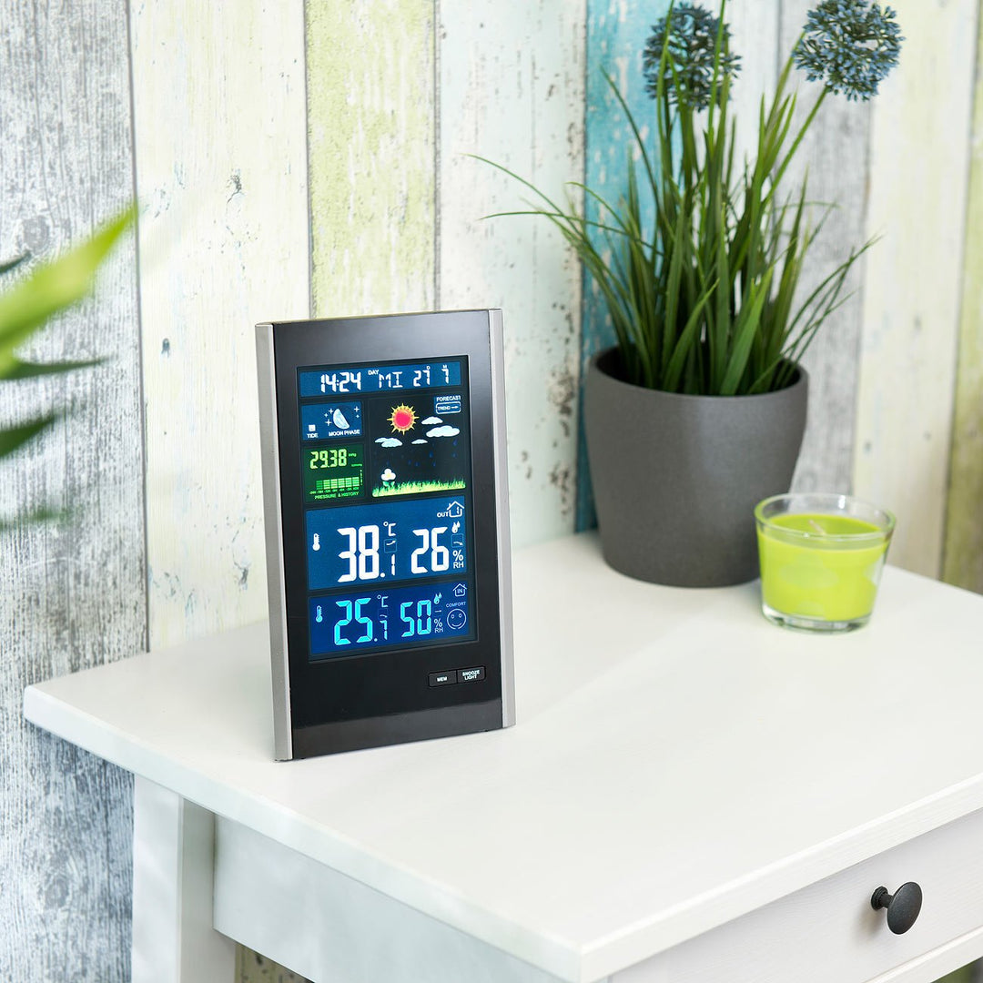 infactory Wetterstation mit Strom: Funk-Wetterstation mit Aussensensor, Wecker & USB-Ladeport (2 Amp