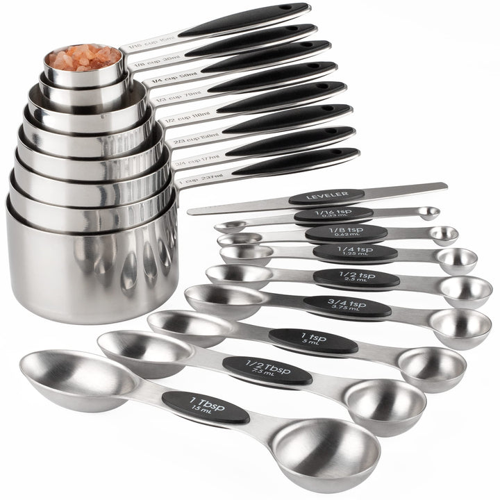 Messbecher und Löffel Set aus Edelstahl inkl. 8 robusten Messbecher, 8 doppelseitige magnetische Mes