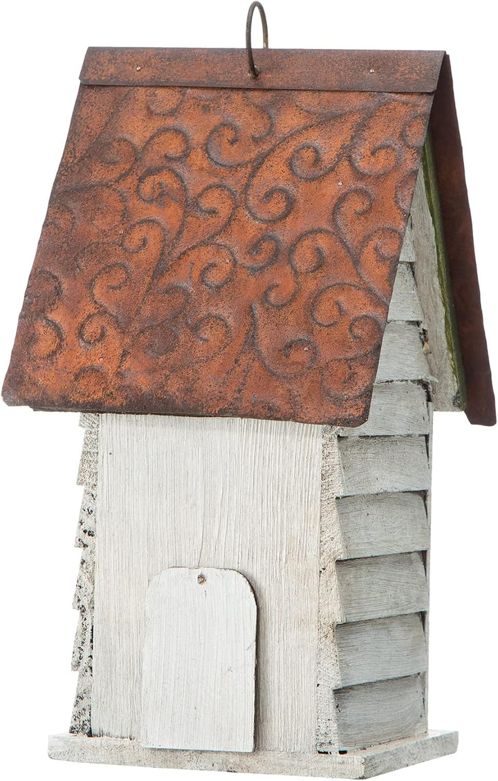 Glitzhome GH90086 Hängendes Vogelhaus aus Holz, abgenutzt, Weiss Weiss/opulenter Garten, Weiss/opule