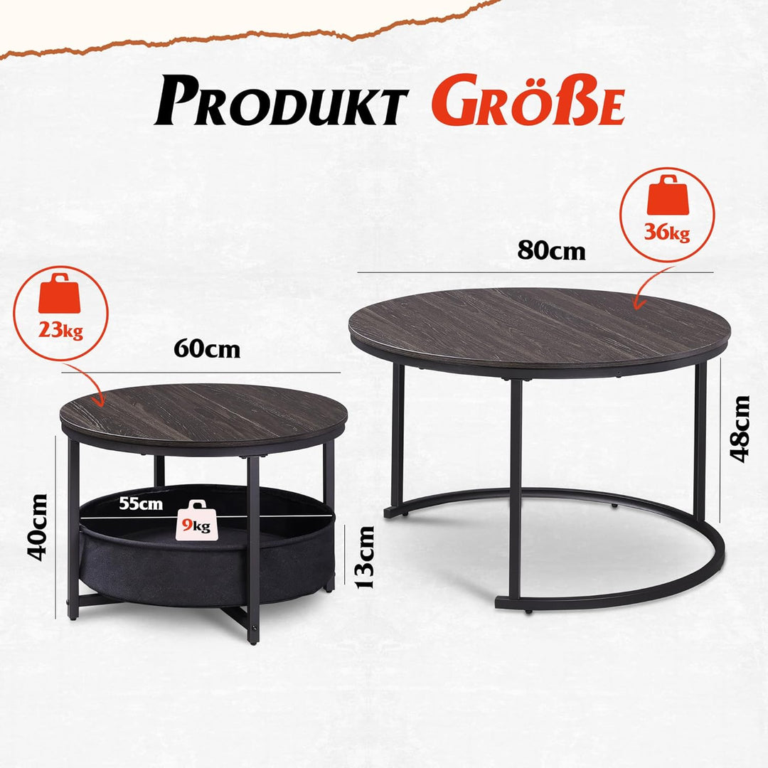 WLIVE Couchtisch Rund 2er Set, Beistelltisch mit Stoffkorb, Satztische Wohnzimmertisch mit Metallrah