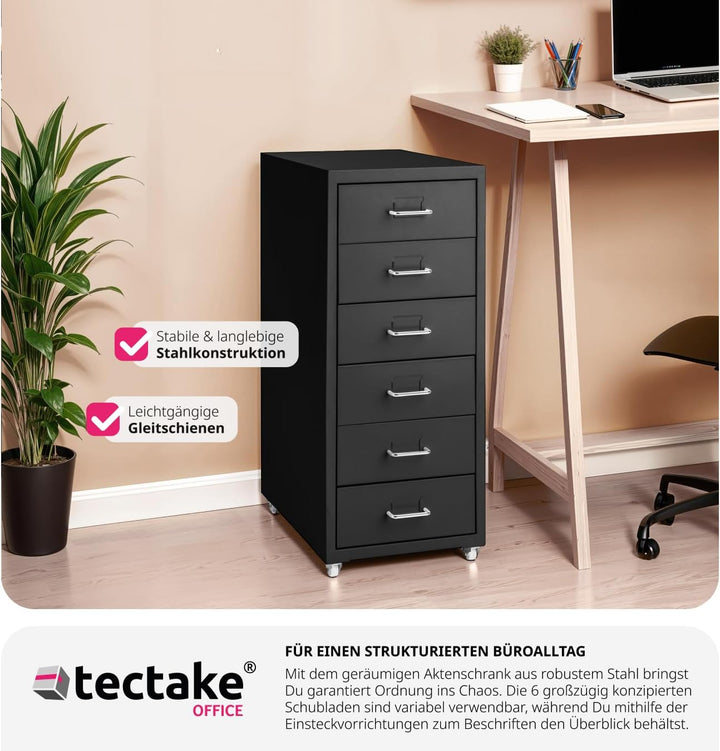 tectake® Metall Rollcontainer, Büromöbel für Schreibtisch, Büro Organizer mit 6 Schubladen, Schublad