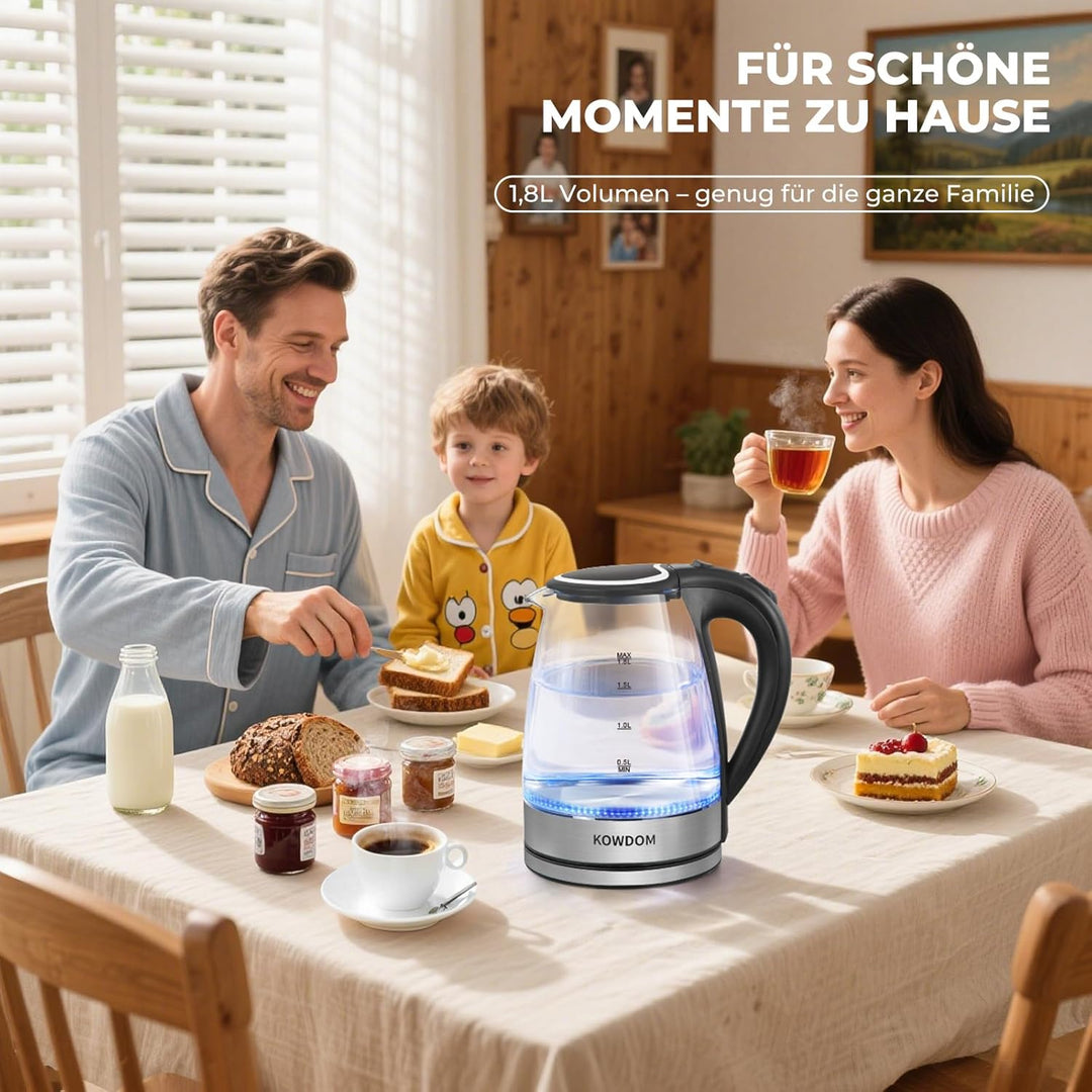 Glas-Wasserkocher 1,8L aus Borosilikatglas & BPA-frei - 2200W mit Blitzaufheizung | Automatische Abs