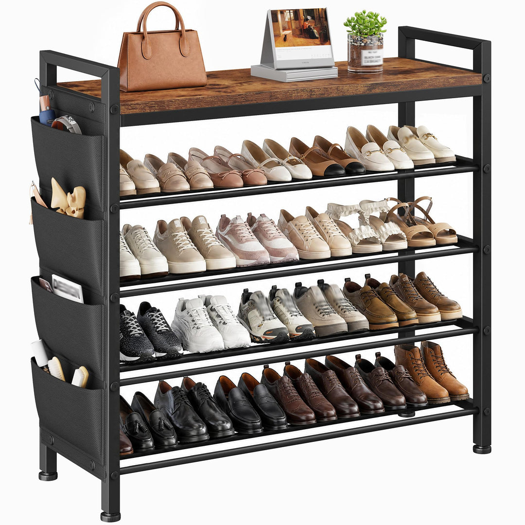 Schuhregal platzsparend 5 Ebenen für 16-20 Paar, Schuhschrank schmal mit Seitentaschen, Metall-Holz