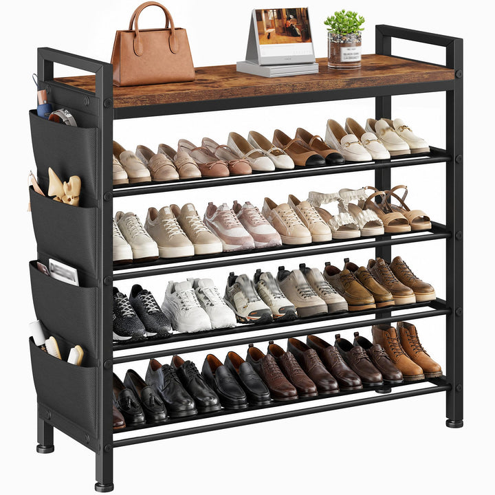 Schuhregal platzsparend 5 Ebenen für 16-20 Paar, Schuhschrank schmal mit Seitentaschen, Metall-Holz