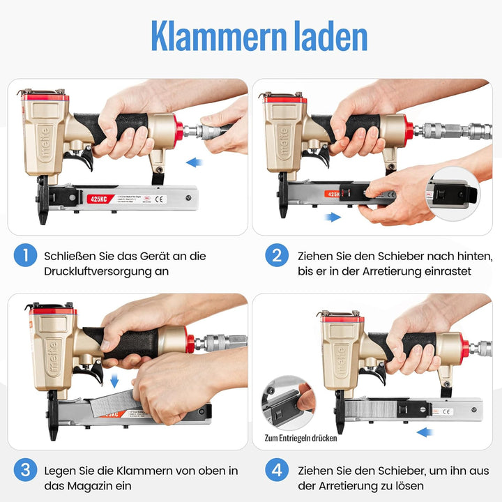 meite 425KC Drucklufttacker 18 GA, für Typ 90 Klammern und Schmalrückenklammern 13–25 mm, 5,7 mm Kro