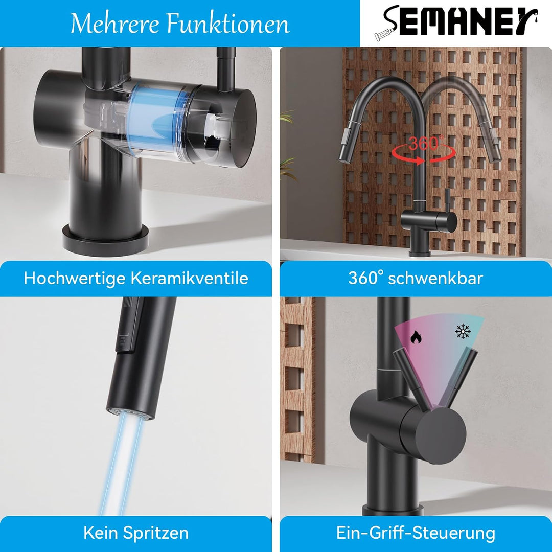 Wasserhahn Küche Schwarz, Hochdruck Küchenarmatur mit Brause Ausziehbar 2 Wasser Modi, 360° Drehbar