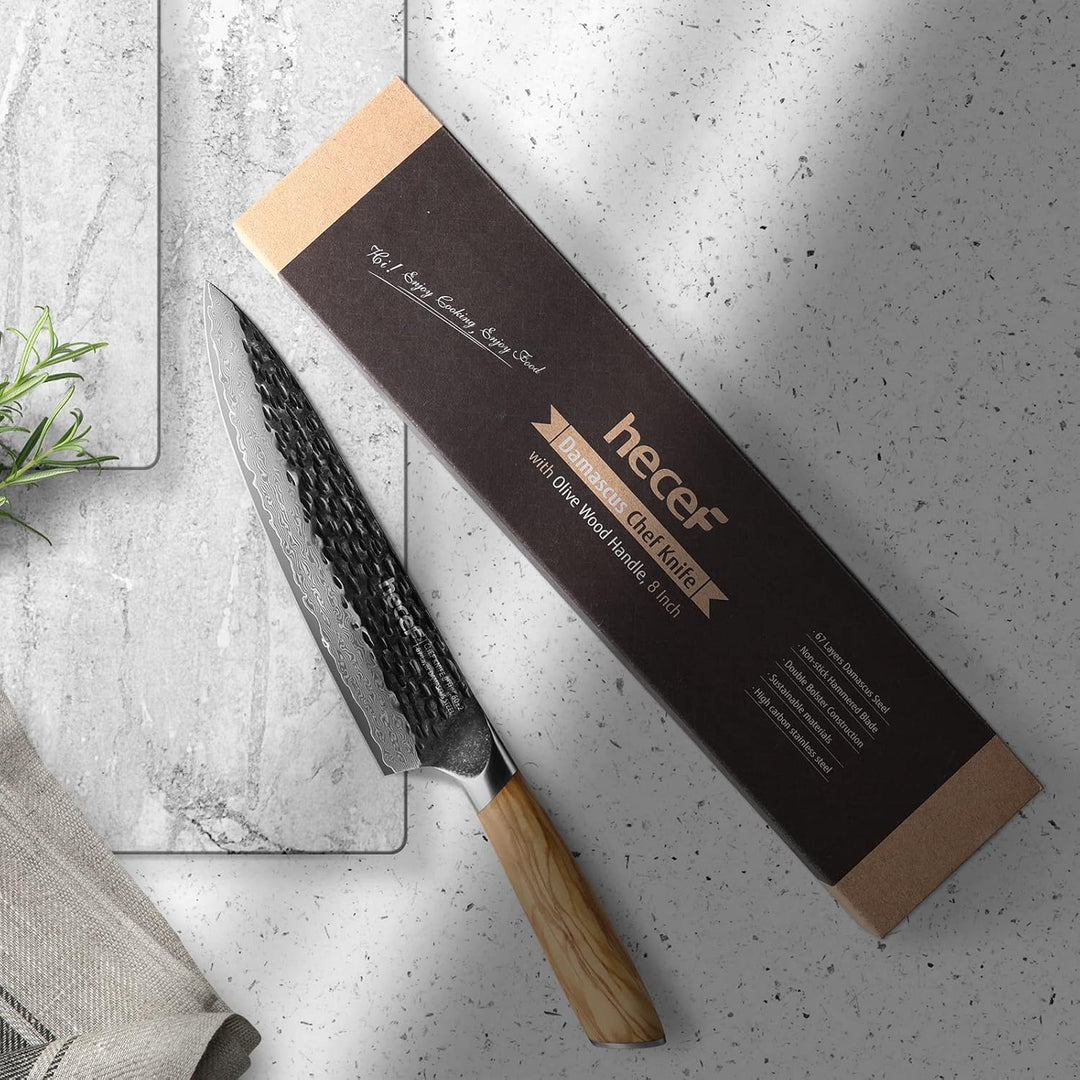 hecef Damastmesser Kochmesser 20CM, Profi Küchenmesser Chefmesser, Ultrascharfer Japanisches Messer,