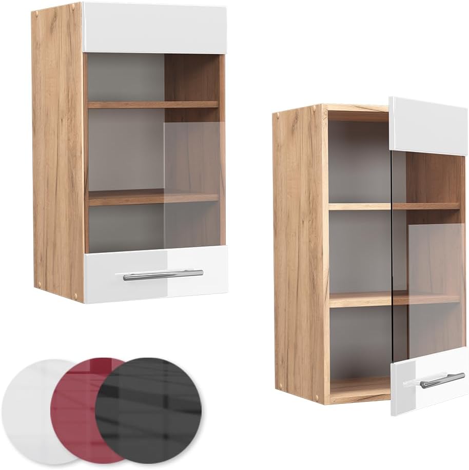 Vicco Küchenschrank Glas Fame-Line, Weiss Hochglanz/Goldkraft Eiche, 40 cm Hängeglasschrank 40 cm We