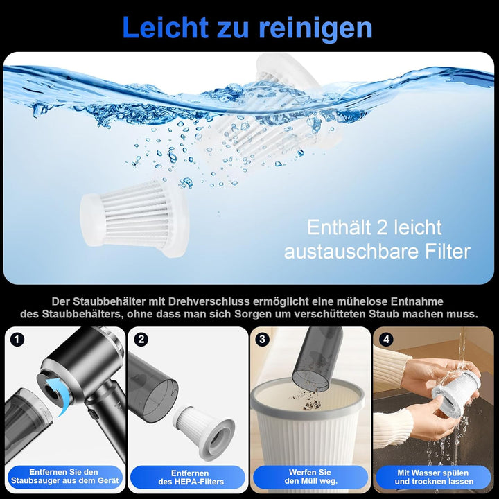 Handstaubsauger, 26000Pa Mini Akku Staubsauger Kabellos 4-In-1 Autostaubsauger 6000mAh 3-Gang Elektr