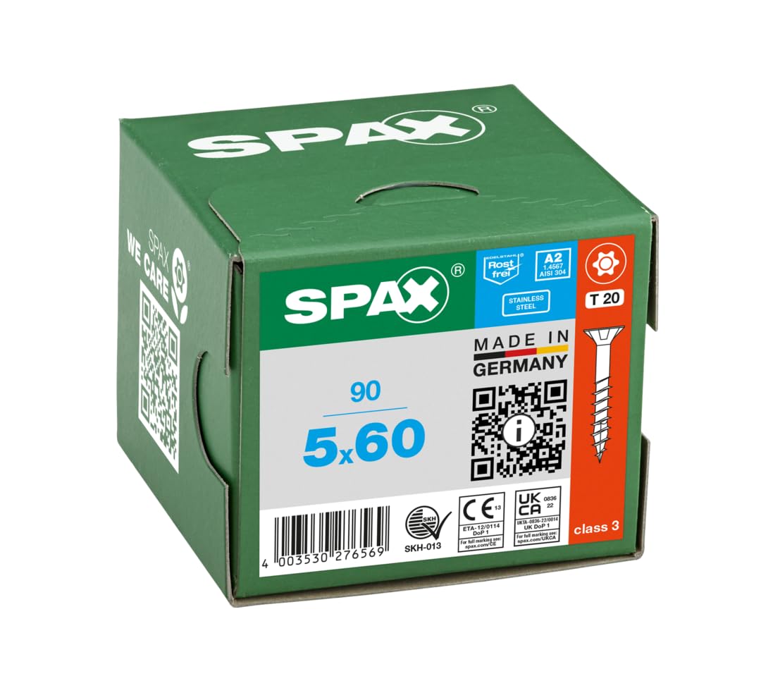 SPAX Universalschraube, 5 x 60 mm, 90 Stück, Teilgewinde, Senkkopf, T-STAR plus T20, 4CUT, Edelstahl