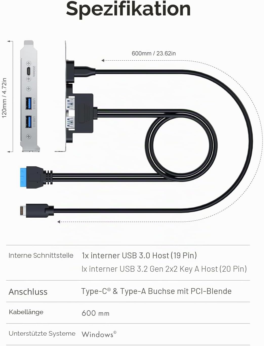 GRAUGEAR 20Gbit/s USB Port Typ-C & 2x Typ-A I USB HUB in PCI Slot [Extra HUB] Mainboard USB Verlänge