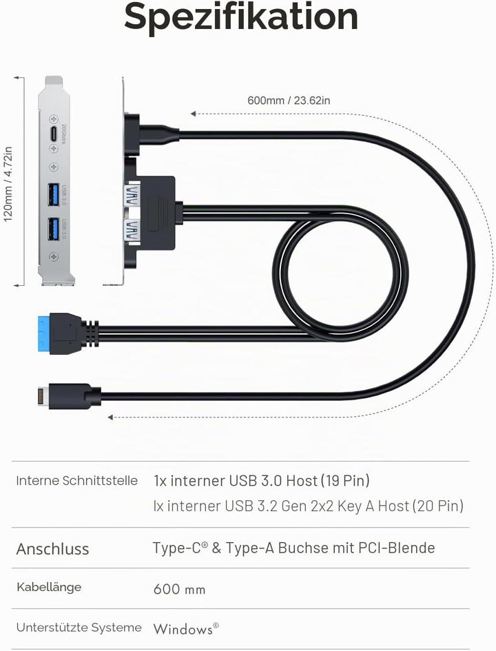 GRAUGEAR 20Gbit/s USB Port Typ-C & 2x Typ-A I USB HUB in PCI Slot [Extra HUB] Mainboard USB Verlänge