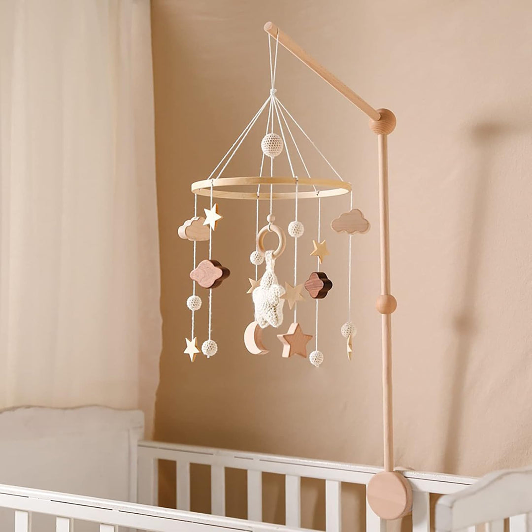 Babybett Mobile Baby Windspiel, Mobile Baby Holz mit Filzbällen und Wolken Ornament Kinderzimmer Hän