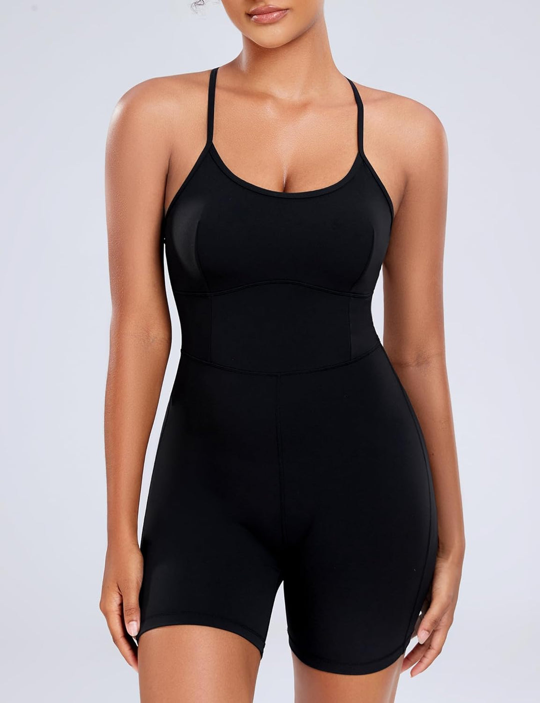 Damen Workout Spaghetti-Träger Rompers Shorts Bauchkontrolle Einteiler Jumpsuit, XS Schwarz