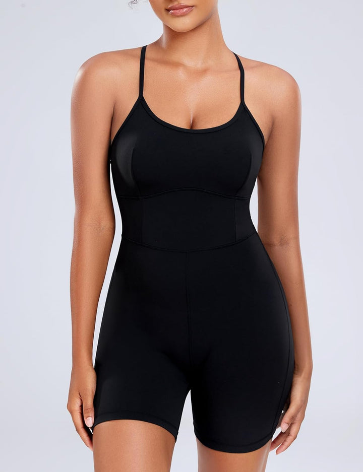 Damen Workout Spaghetti-Träger Rompers Shorts Bauchkontrolle Einteiler Jumpsuit, XS Schwarz