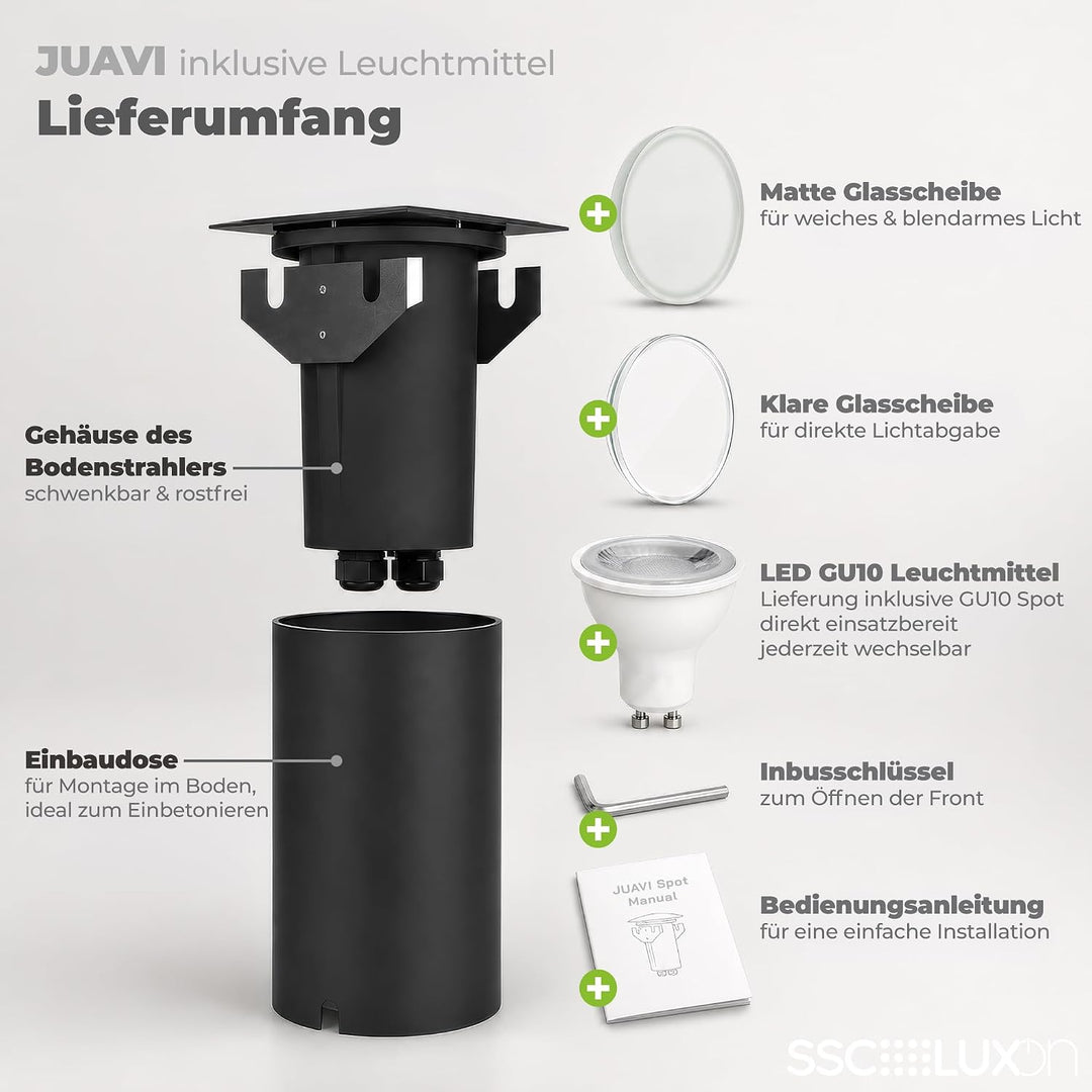 SSC-LUXon JUAVI LED Bodenstrahler schwenkbar eckig für Aussen IP67 - mit LED GU10 2W warmweiss 230V