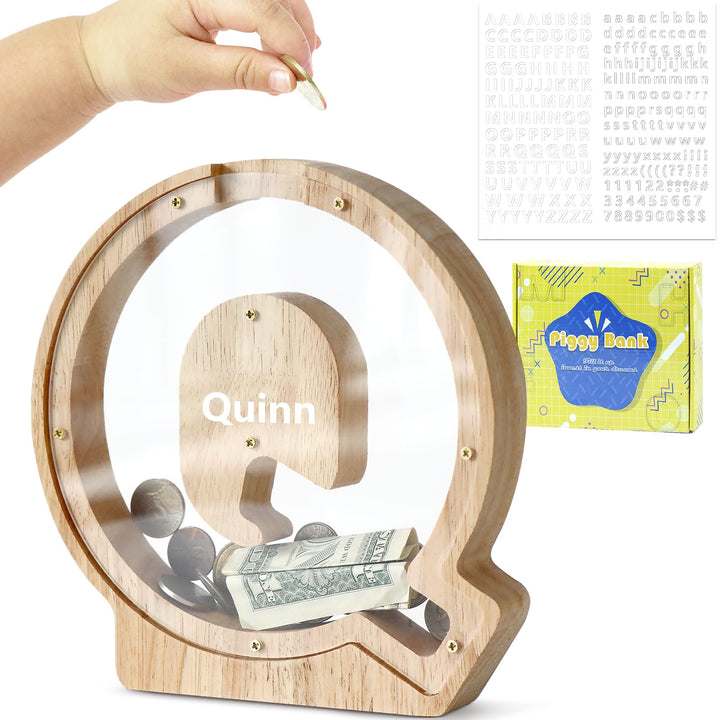 DBPBToU Spardose aus Holz Buchstaben, Sparschwein Durchsichtig für Kinder, Sparbox Personalisierte,