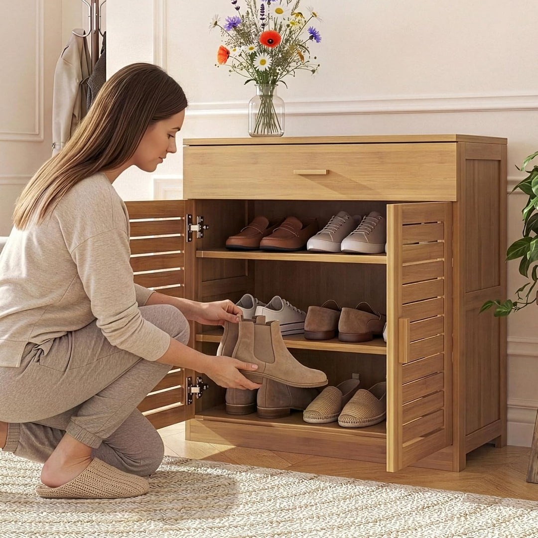 [en.casa] Schuhschrank Aarela mit 2 Türen Schrank schmal mit Schublade Flurschrank 3 Ebenen Schuhkom