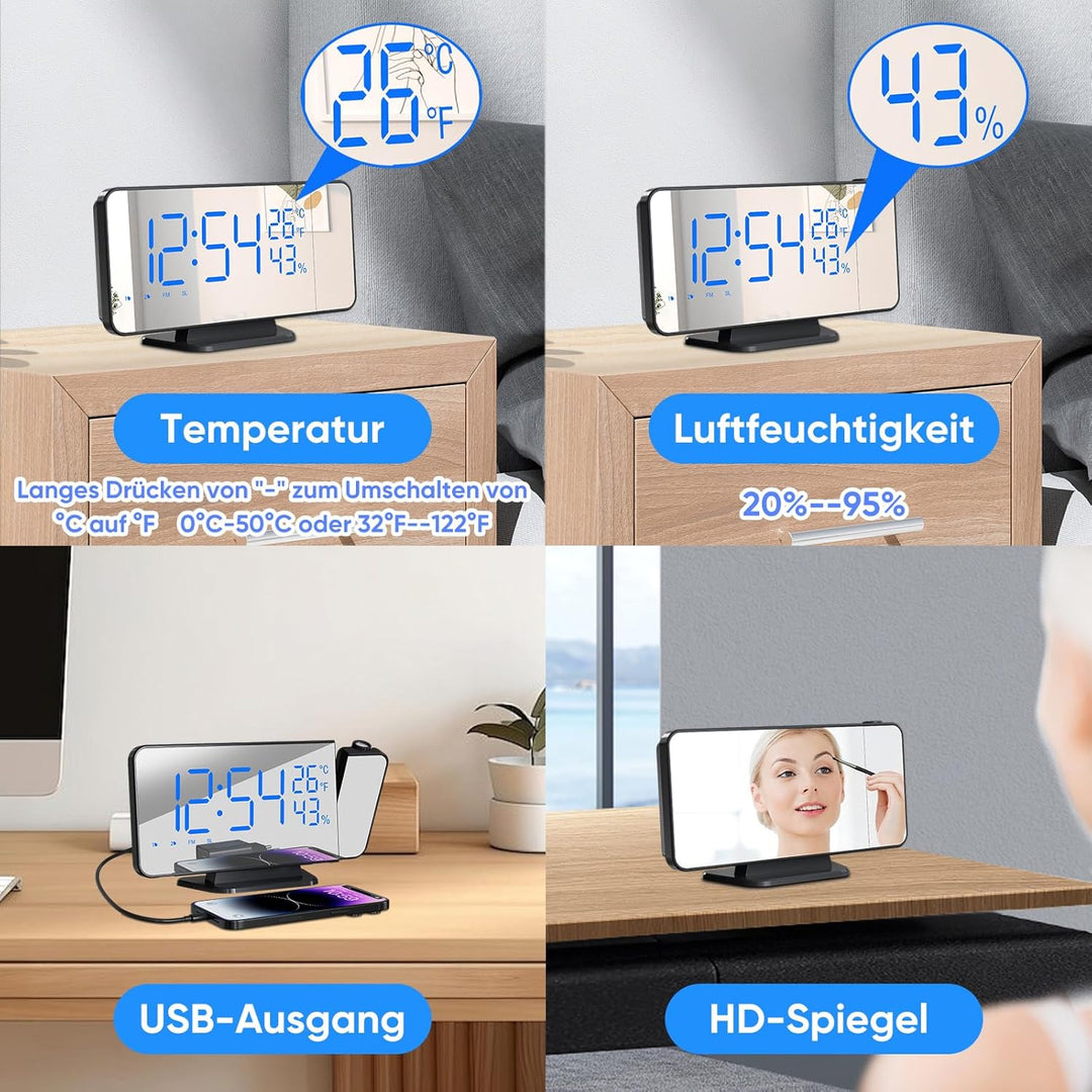 Projektionswecker Radiowecker mit 4 Stufen Bildschirmhelligkeit Digitalwecker mit 12 / 24H Projektio