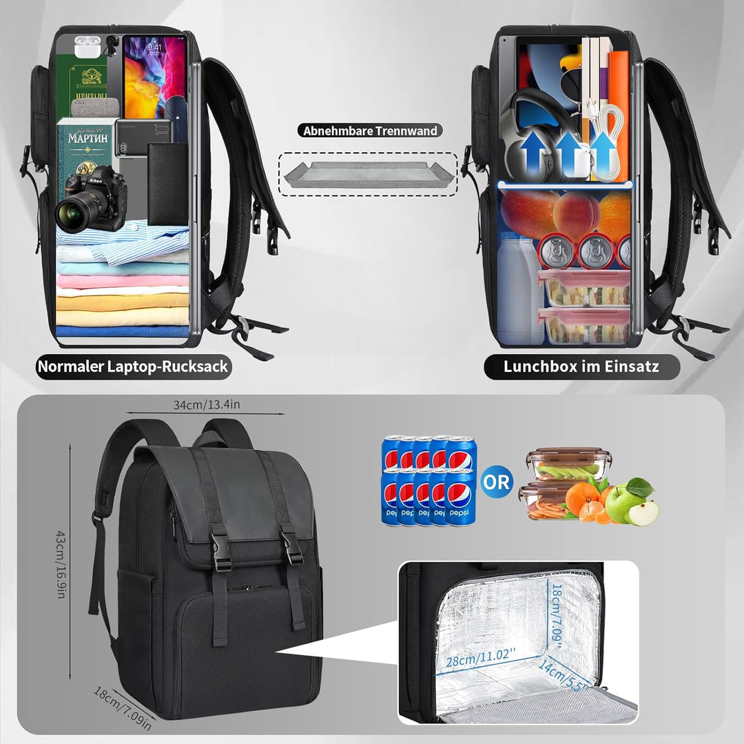 BERTASCHE Lunch Rucksack, Laptop Rucksack 15,6 Zoll mit Isoliertes Kühlfach für Herren und Damen, 2-