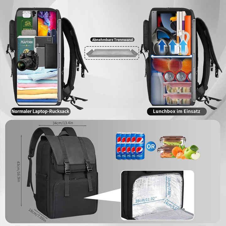 BERTASCHE Lunch Rucksack, Laptop Rucksack 15,6 Zoll mit Isoliertes Kühlfach für Herren und Damen, 2-