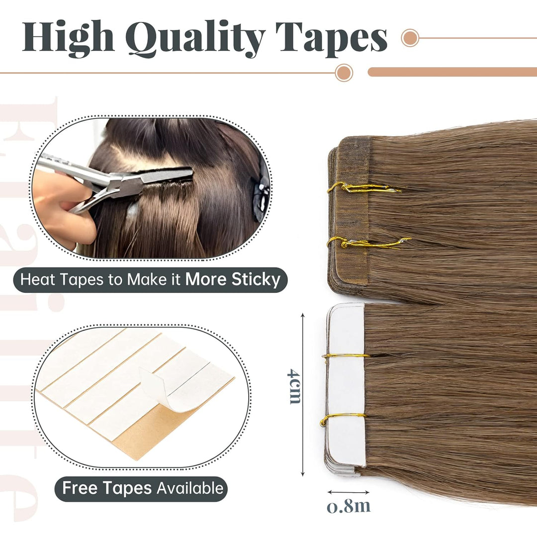 Elailite Echthaar Extensions Tape in #6 Mittelbraun 20 stück Invisible Kleber Haarverlängerung Klebe