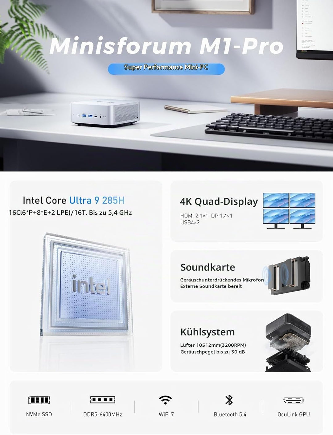MINIS FORUM AI Mini PC M1 Pro-285H mit Intel Core Ultra 9 Prozessor 285H (16C/16T, bis zu 5,4 GHz),