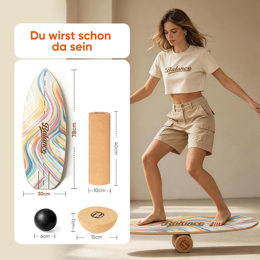 Balance Board Komplett-Set aus Massivholz – 4-in-1 Gleichgewichtsboard mit Rolle, Halbkugel & Faszie
