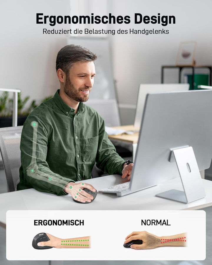 acer Ergonomische Maus Kabellos, Wiederaufladbare 2.4GHz Vertikale Maus mit 3 Einstellbaren DPI, 6 T