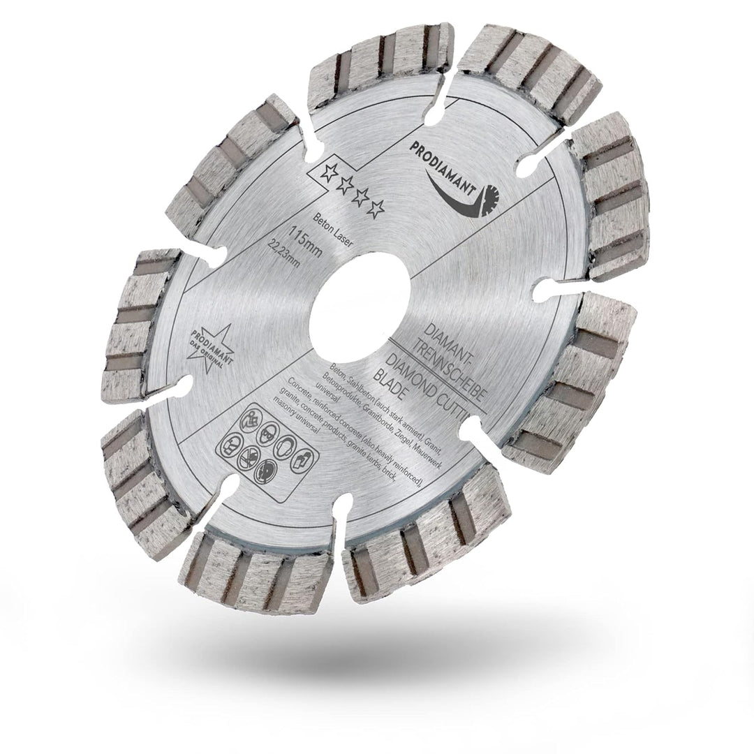 PRODIAMANT Laser Diamanttrennscheibe 115mm Beton Stahlbeton Stein und Ziegel Diamant Turbo-Segmente