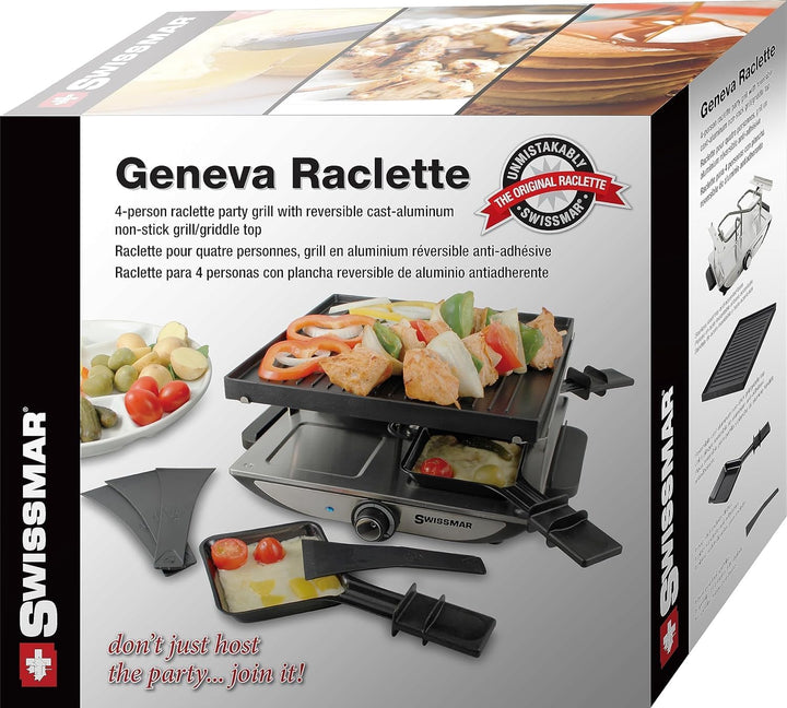 Swissmar Geneva Raclette 4 Personen, Raclette Grill mit Pfännchen und Schiebern, Mini Raclette-Grill