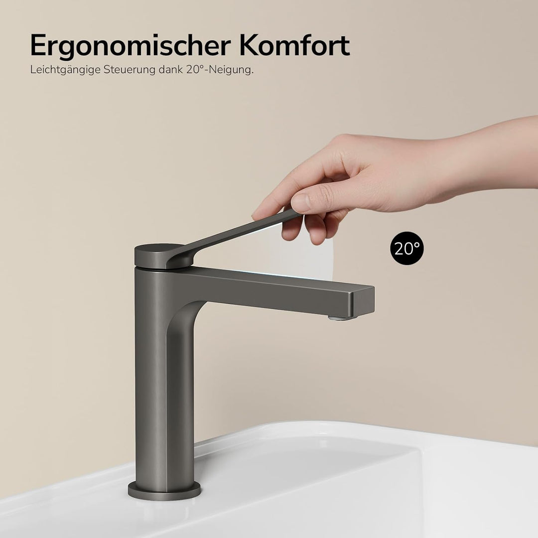 EMKE Wasserhahn Bad Anthrazit Matt, waschtischarmatur, 4MS Messing, Wasserhahn Bad mit Auslauf Höhe