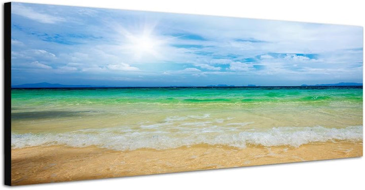 Paul Sinus Art Panoramabild auf Leinwand und Keilrahmen 150x50cm Strand Meer Wolkenschleier Sonne