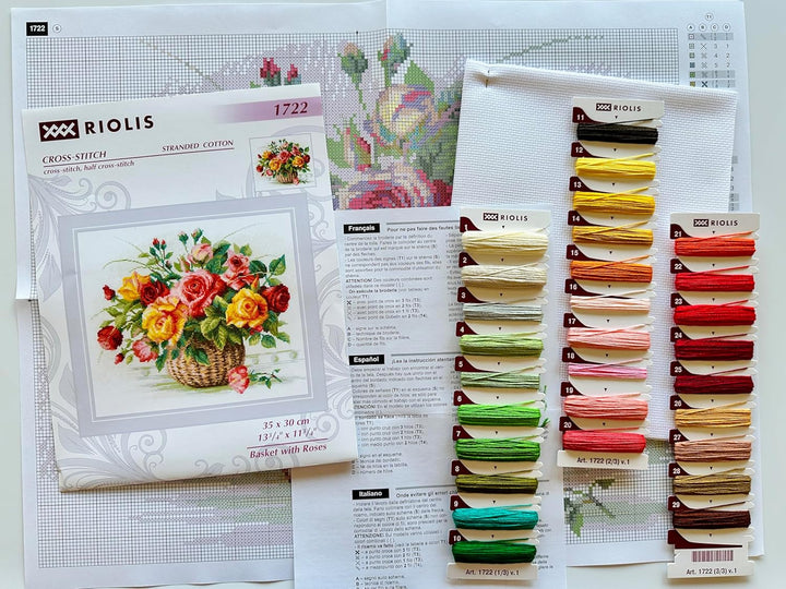 RIOLIS Korb mit Rosen Kreuzstich-Set, Baumwolle, Mehrfarbig, 35 x 30 x 0.1 cm