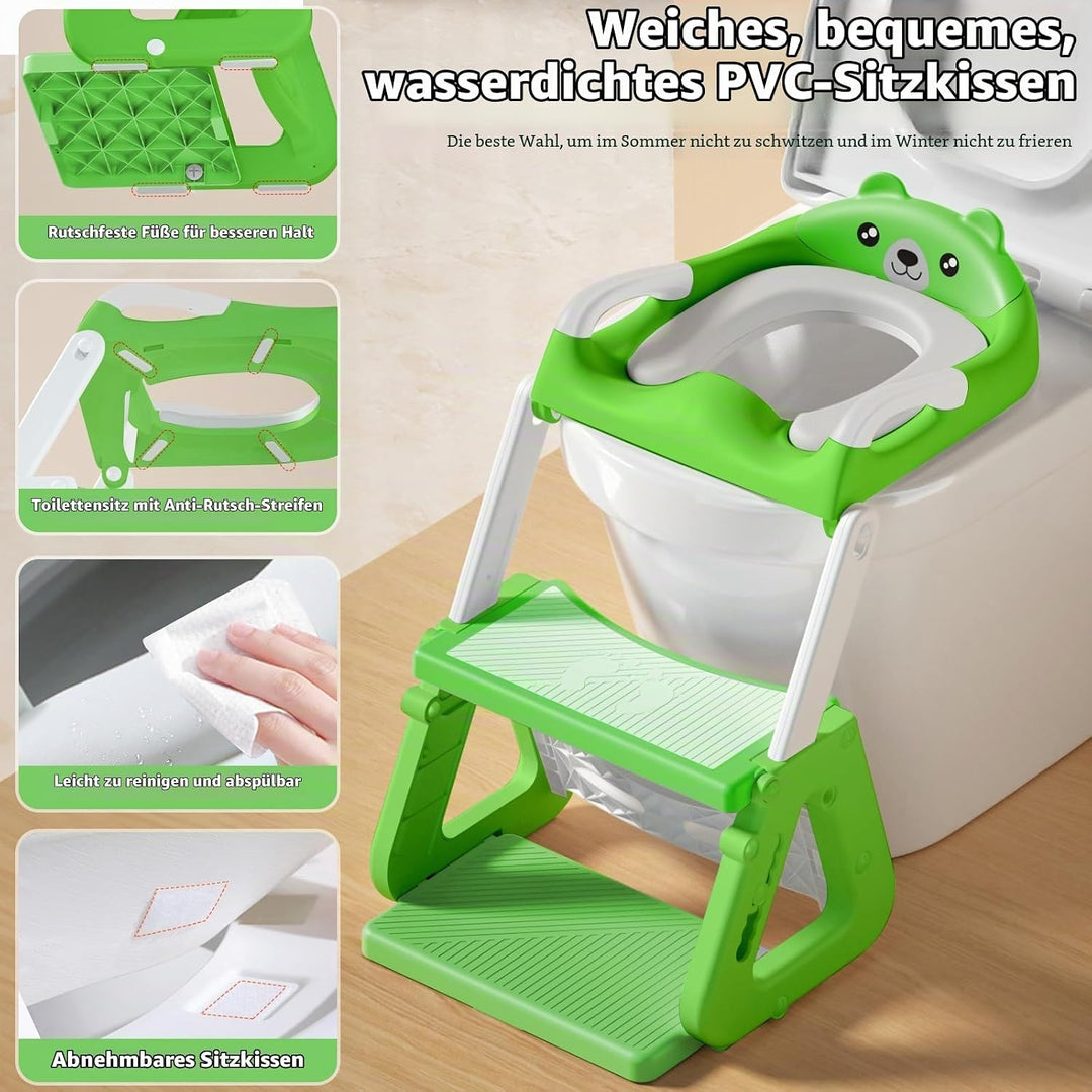 Toilettensitz für Kinder Mit Treppe - 2-in-1 WC Sitz Mit Gepolstertem Sitz, Höhenverstellbar Faltbar