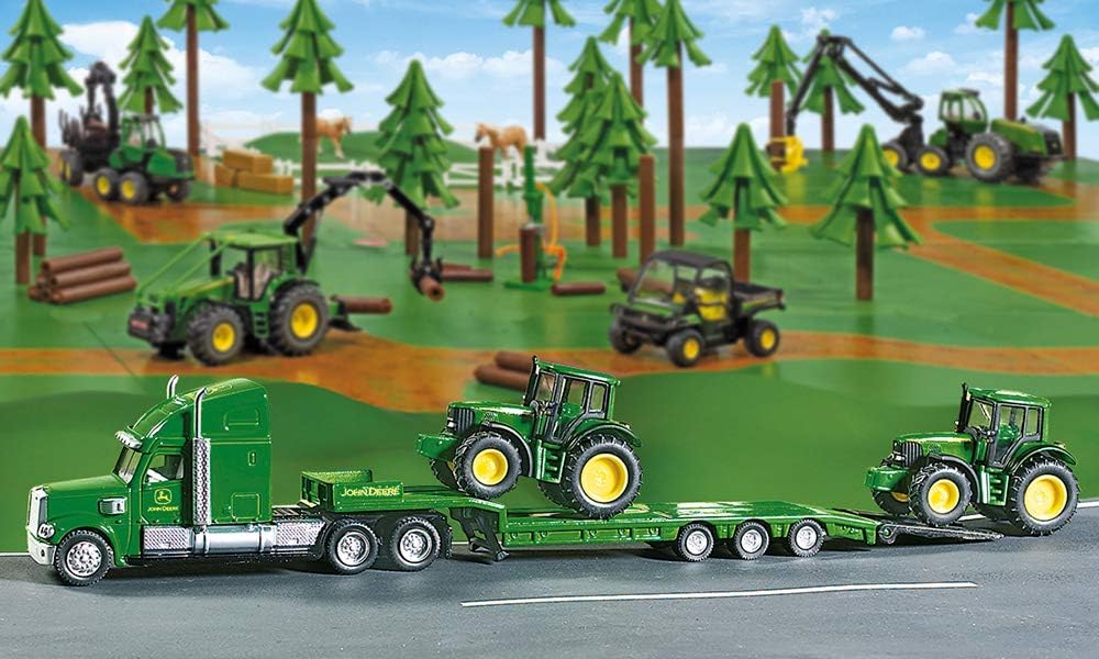 siku 1837, Tieflader mit 2 John Deere Traktoren, 1:87, Metall/Kunststoff, Grün, Klappbare Heckklappe