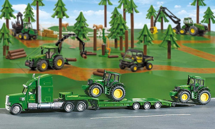 siku 1837, Tieflader mit 2 John Deere Traktoren, 1:87, Metall/Kunststoff, Grün, Klappbare Heckklappe