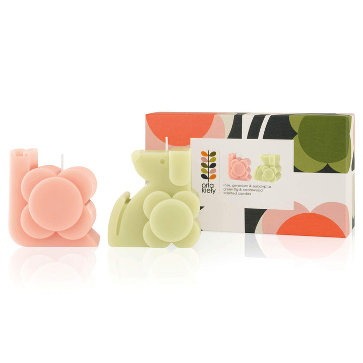 Orla Kiely Kerzen-Geschenkset mit Hund und Schnecke.