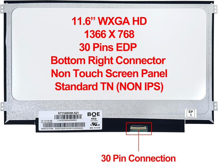 Rinbers Ersatz-Laptop-LCD-LED-Display (29,5 cm (11,6 Zoll), WXGA, HD, matt, 30-polig, EDP, seitliche