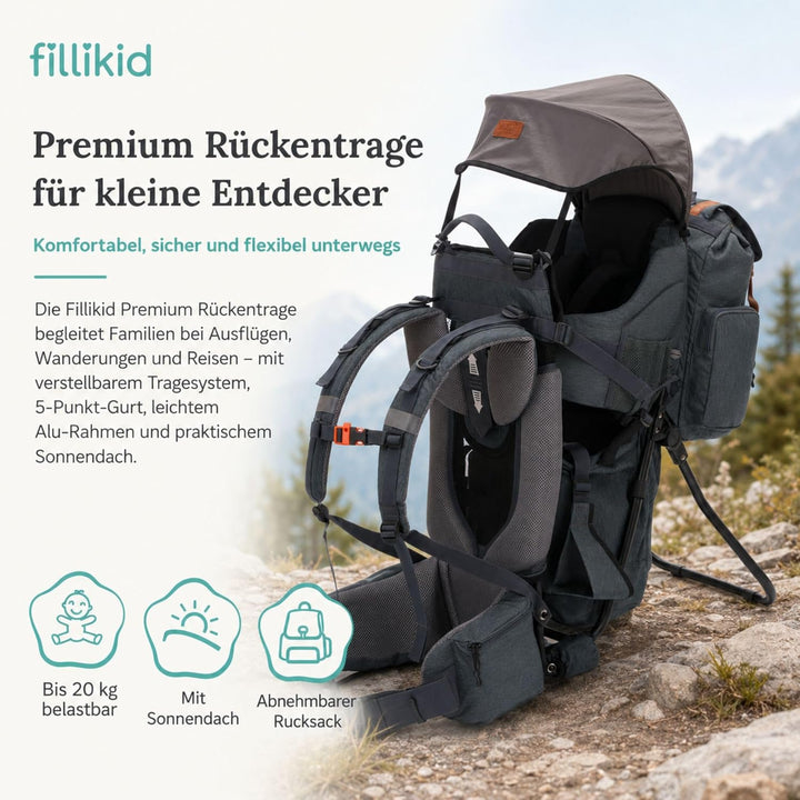Fillikid Premium Babytrage Rückentrage Baby | Rücken Babytrage mit Sonnendach & grossen Staufächern