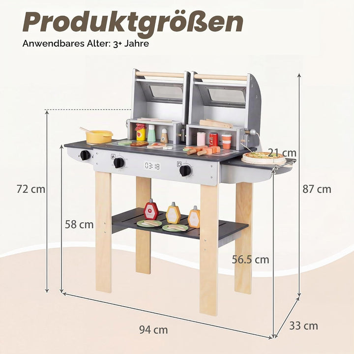 HOMASIS Kinder Grill Spielzeug aus Holz, BBQ Kindergrill-Spielset mit 2 Grillrosten, Verschlussdecke