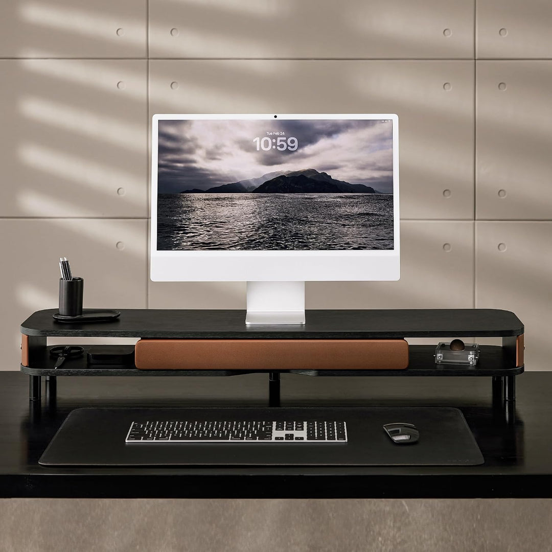 Fenge Dual Monitorständer mit Schublade, 108cm Bildschirmerhöhung mit Aluminiumbeinen &amp; Ledergriff,