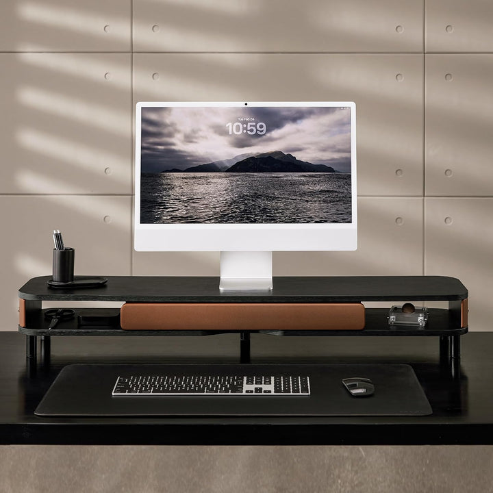 Fenge Dual Monitorständer mit Schublade, 108cm Bildschirmerhöhung mit Aluminiumbeinen &amp; Ledergriff,