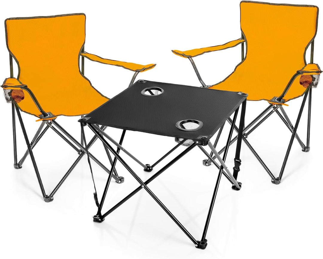BigDean 2 Stück Campingstuhl mit Campingtisch faltbar – Faltstuhl in Neon Orange mit Getränkehalter