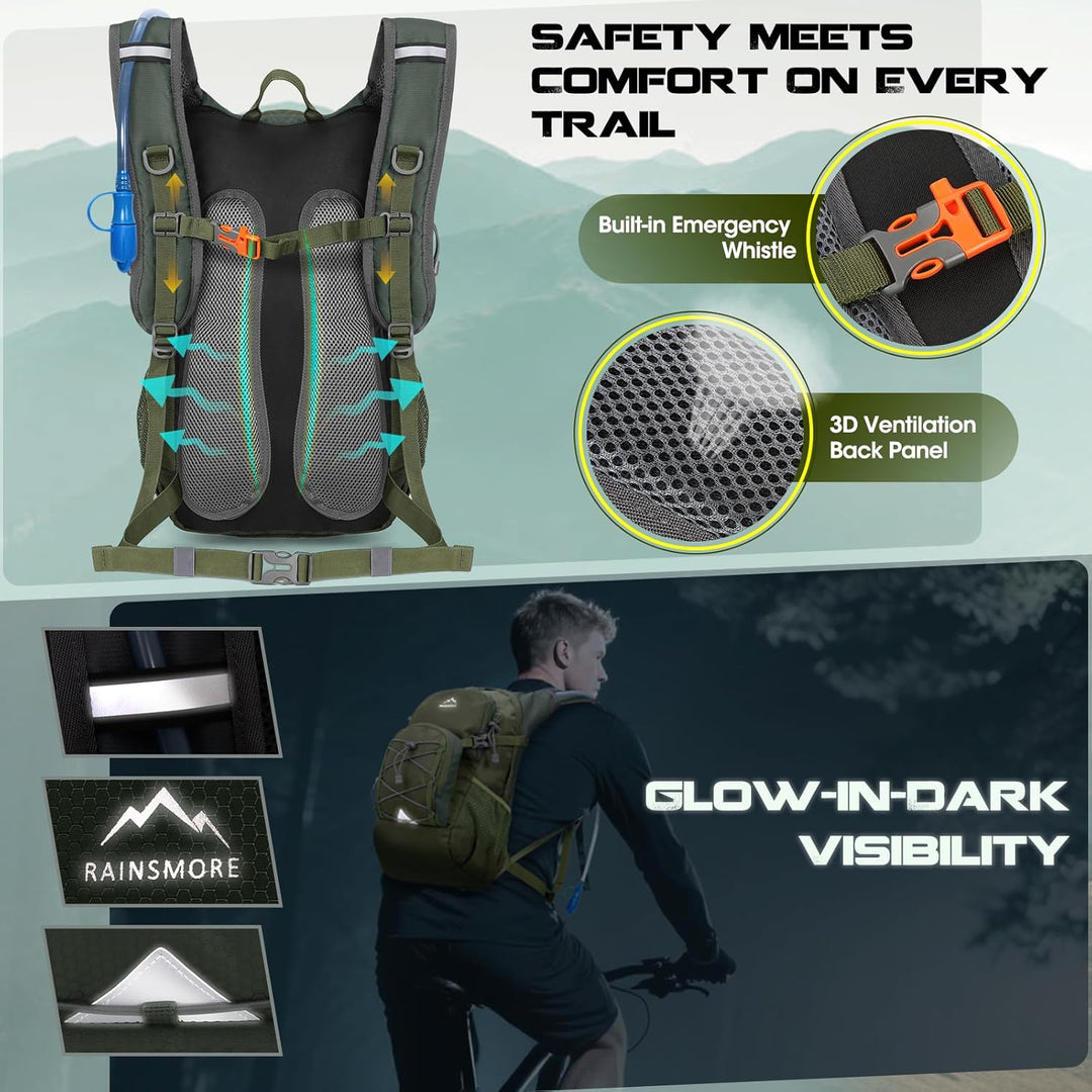 RAINSMORE Trinkrucksack mit Trinkblase 2L Leichter Isolierter 18L Wanderrucksack mit Regenschutz für