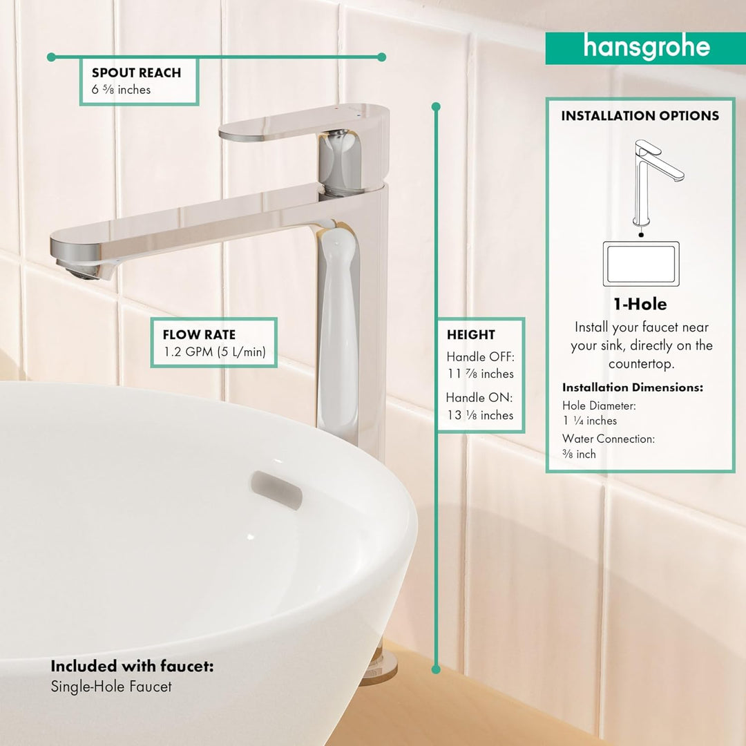Hansgrohe Rebris S 72524001 zeitgenössische Waschbeckenarmatur mit 1 Griff, 1 Loch, 30,5 cm hoch, Ch