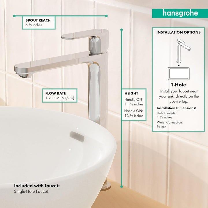 Hansgrohe Rebris S 72524001 zeitgenössische Waschbeckenarmatur mit 1 Griff, 1 Loch, 30,5 cm hoch, Ch