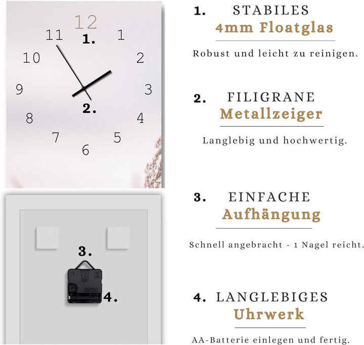 Wanduhr Calm Grasses 20 x 60 cm | lautlose Uhr aus Glas Made in EU - Glasuhr inklusive Wandaufhängun