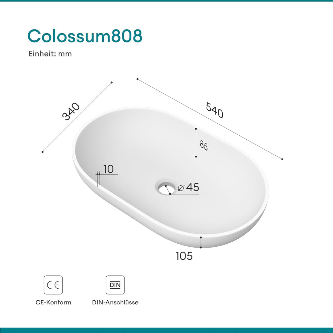 Mai & Mai Aufsatzwaschbecken Col808 in Weiss Matt Waschschale Waschbecken aus Gussmarmor, Weiss Matt