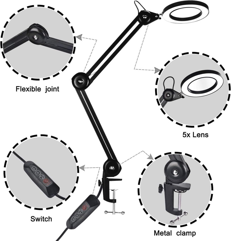 Beyamz LED Lupenleuchte, Arbeitsplatzlampe, 5 Dioptrien Lupe mit Licht - mit Klemme, Schwenkarm, Dim